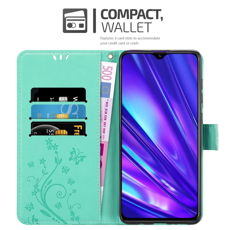 Cadorabo Hülle kompatibel mit Realme 5 / 5i / 6i / C3 Schutzhülle im Blumen Design mit Magnetverschluss, Standfunktion und Kartenfächern