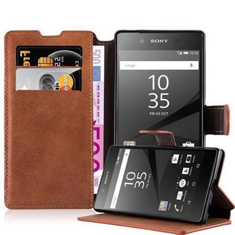 Cadorabo Hülle kompatibel mit Sony Xperia Z5 Schutzhülle mit Standfunktion und Kartenfach im Retro Design