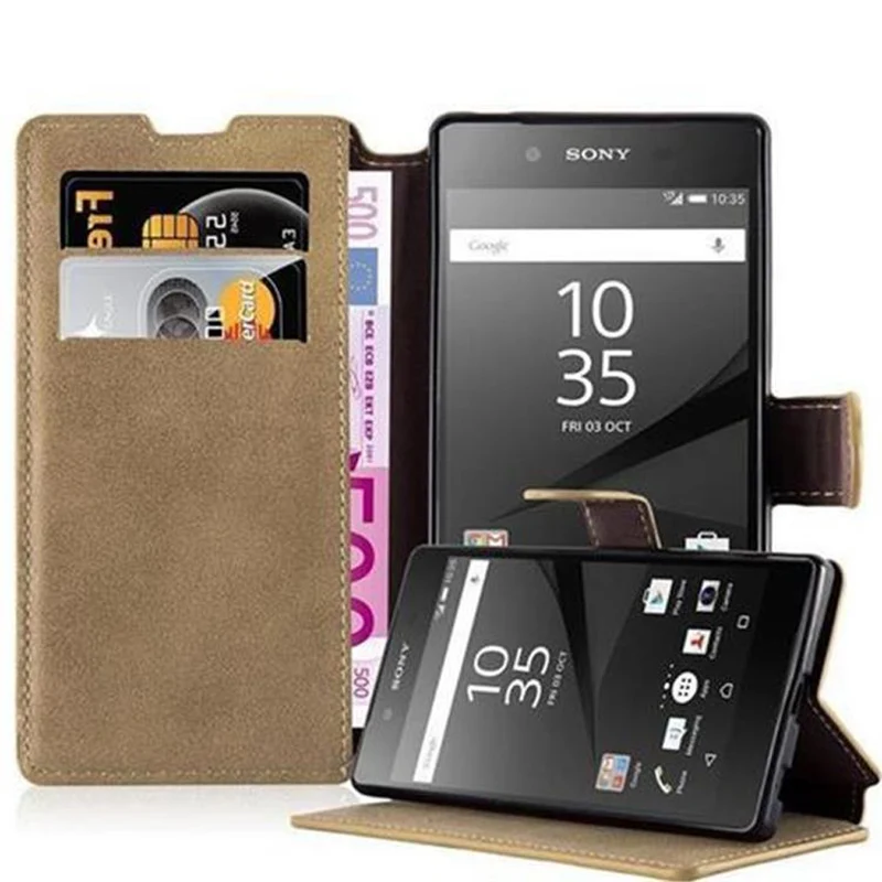 Cadorabo Hülle kompatibel mit Sony Xperia Z5 Schutzhülle mit Standfunktion und Kartenfach im Retro Design