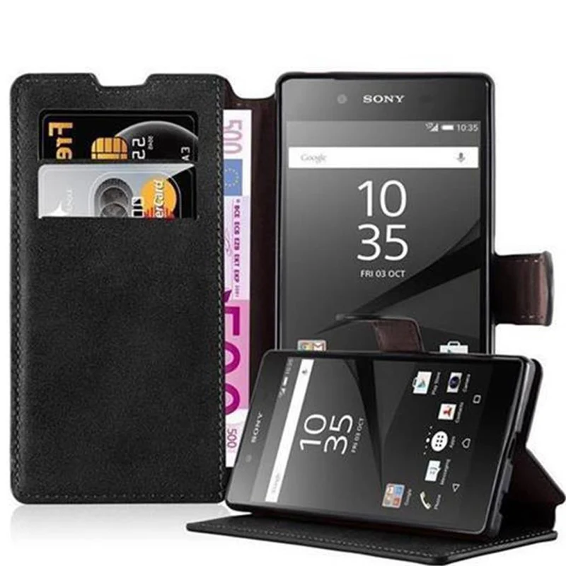 Cadorabo Hülle kompatibel mit Sony Xperia Z5 Schutzhülle mit Standfunktion und Kartenfach im Retro Design
