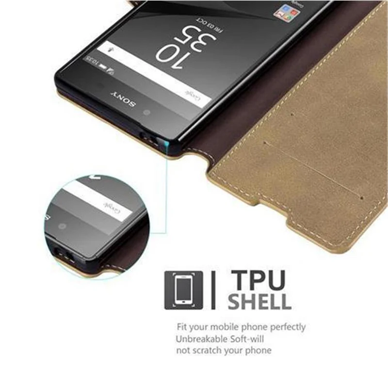 Cadorabo Hülle kompatibel mit Sony Xperia Z5 Schutzhülle mit Standfunktion und Kartenfach im Retro Design