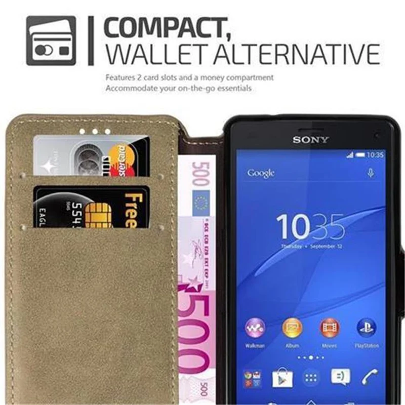 Cadorabo Hülle kompatibel mit Sony Xperia Z3 COMPACT Schutzhülle mit Standfunktion und Kartenfach im Retro Design