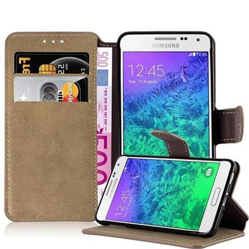Cadorabo Hülle kompatibel mit Samsung Galaxy ALPHA Schutzhülle mit Standfunktion und Kartenfach im Retro Design