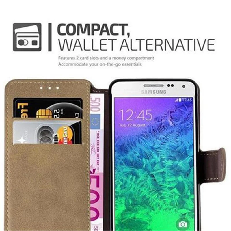 Cadorabo Hülle kompatibel mit Samsung Galaxy ALPHA Schutzhülle mit Standfunktion und Kartenfach im Retro Design