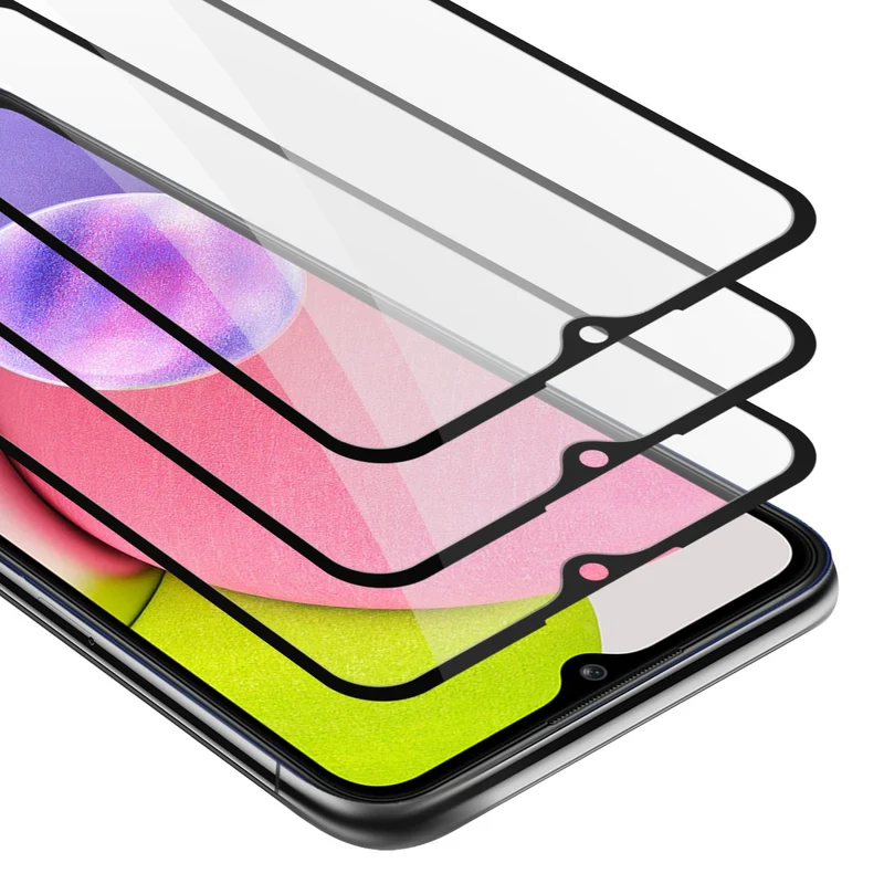 Cadorabo 3x Vollbild Panzer Folie kompatibel mit Samsung Galaxy A03s - Schutzfolie 3er Pack Gehärtetes (Tempered) Display-Schutzglas in 9H Härte mit 3D Touch