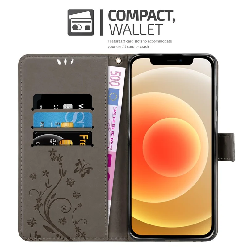 Cadorabo Hülle kompatibel mit Apple iPhone 12 MINI Schutzhülle im Blumen Design mit Magnetverschluss, Standfunktion und Kartenfächern