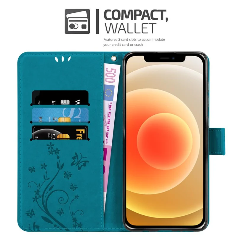 Cadorabo Hülle kompatibel mit Apple iPhone 12 MINI Schutzhülle im Blumen Design mit Magnetverschluss, Standfunktion und Kartenfächern