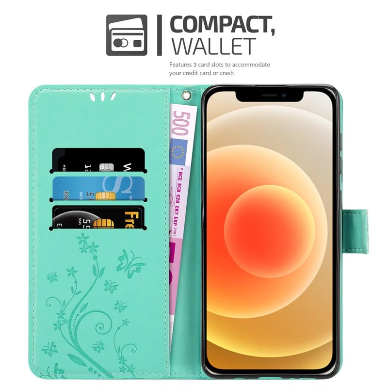 Cadorabo Hülle kompatibel mit Apple iPhone 12 MINI Schutzhülle im Blumen Design mit Magnetverschluss, Standfunktion und Kartenfächern