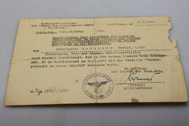 Ostmedaille Urkunde 1941/42