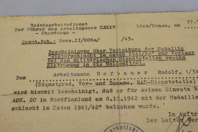 Ostmedaille Urkunde 1941/42