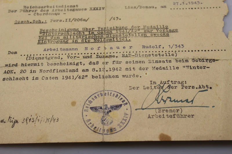 Ostmedaille Urkunde 1941/42