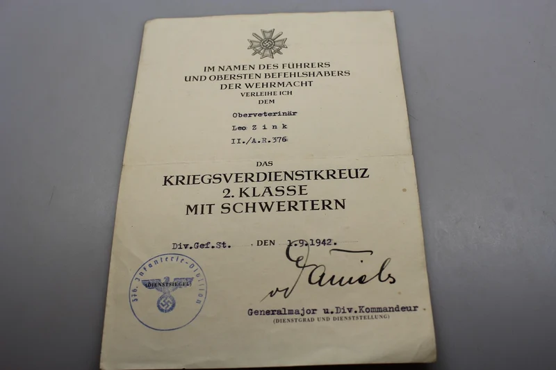 KVK-Zertifikat mit Schwertern zweiter Klasse
