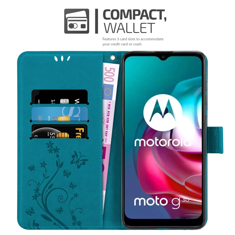 Cadorabo Hülle kompatibel mit Motorola MOTO G10 / G30 Schutzhülle im Blumen Design mit Magnetverschluss, Standfunktion und Kartenfächern