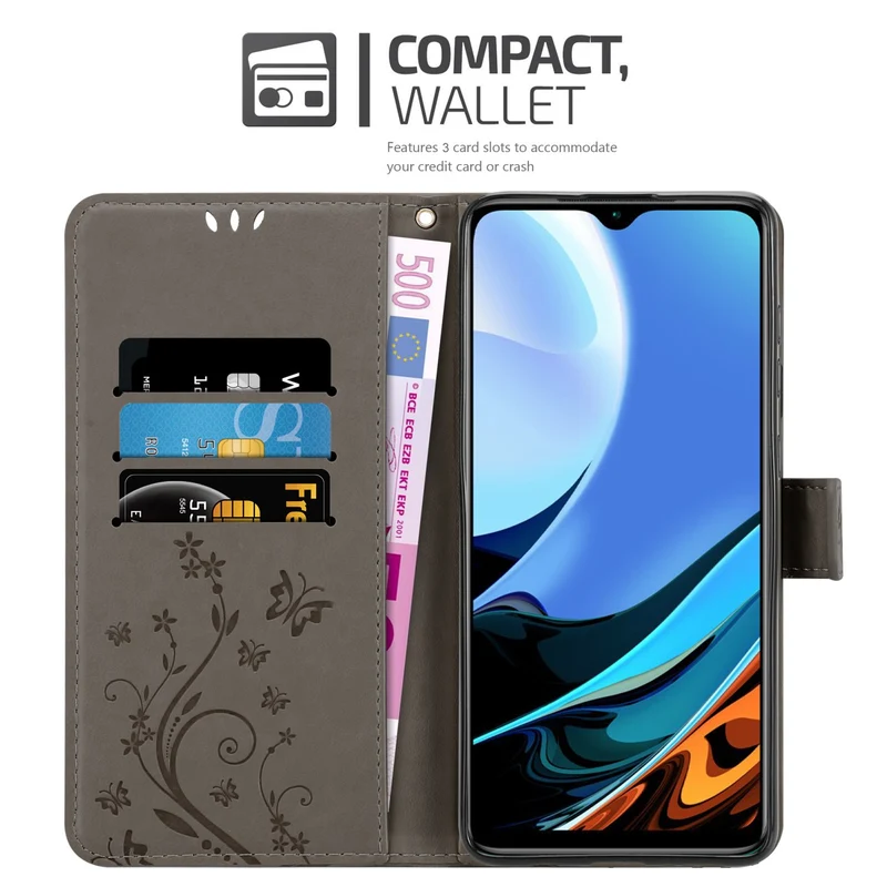 Cadorabo Hülle kompatibel mit Xiaomi RedMi 9T / POCO M3 Schutzhülle im Blumen Design mit Magnetverschluss, Standfunktion und Kartenfächern