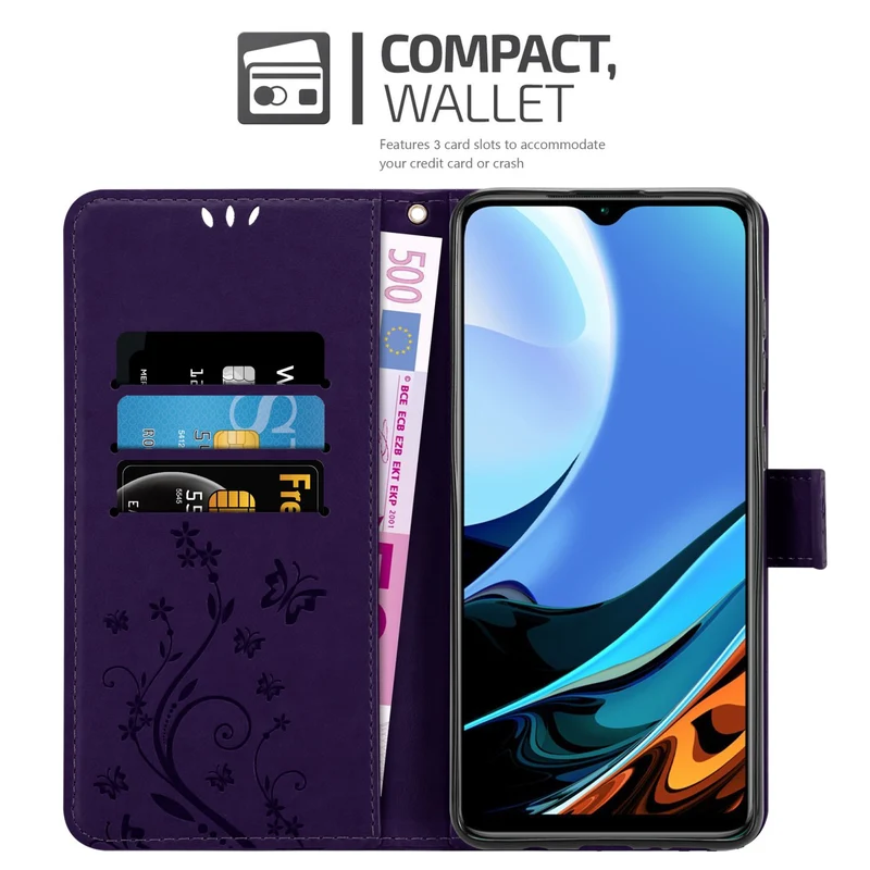 Cadorabo Hülle kompatibel mit Xiaomi RedMi 9T / POCO M3 Schutzhülle im Blumen Design mit Magnetverschluss, Standfunktion und Kartenfächern