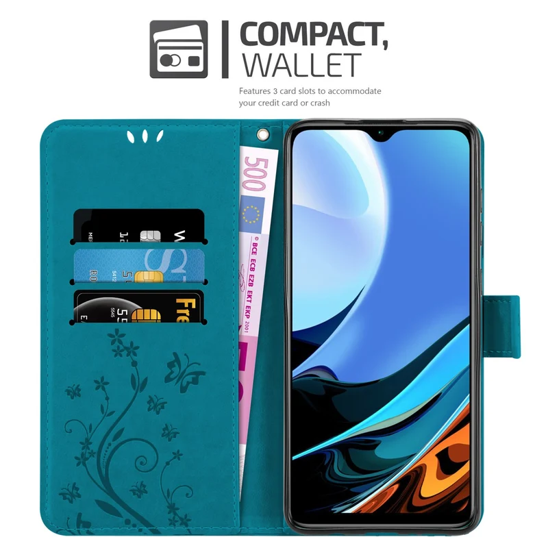 Cadorabo Hülle kompatibel mit Xiaomi RedMi 9T / POCO M3 Schutzhülle im Blumen Design mit Magnetverschluss, Standfunktion und Kartenfächern