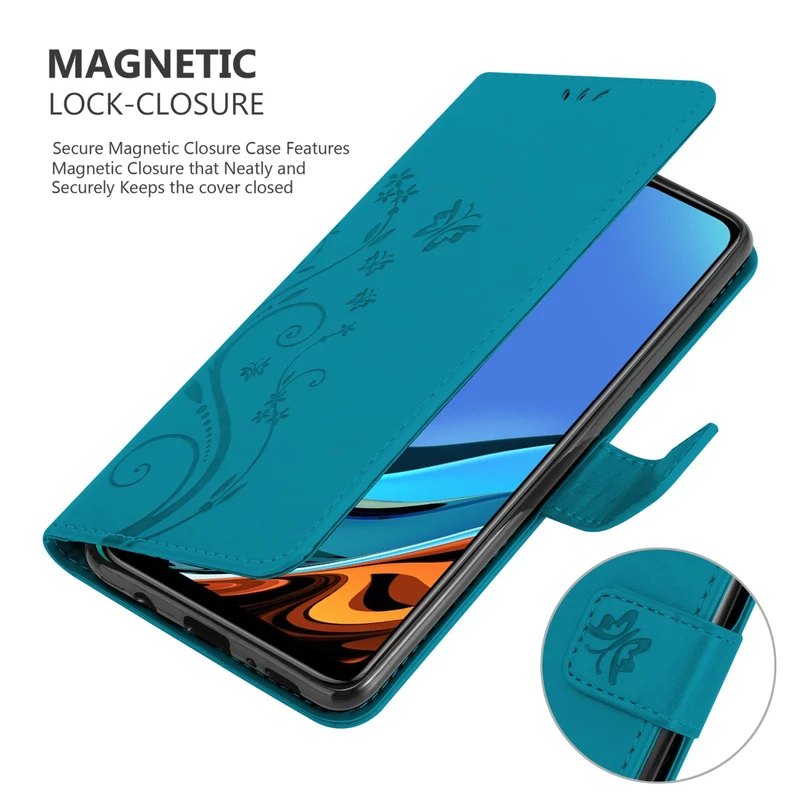 Cadorabo Hülle kompatibel mit Xiaomi RedMi 9T / POCO M3 Schutzhülle im Blumen Design mit Magnetverschluss, Standfunktion und Kartenfächern