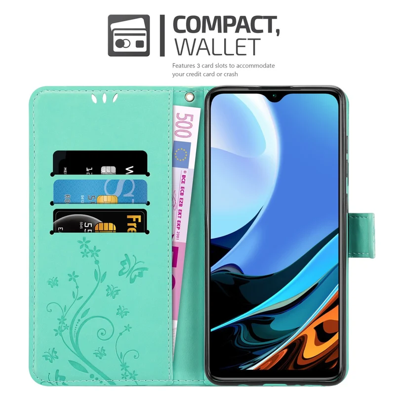 Cadorabo Hülle kompatibel mit Xiaomi RedMi 9T / POCO M3 Schutzhülle im Blumen Design mit Magnetverschluss, Standfunktion und Kartenfächern