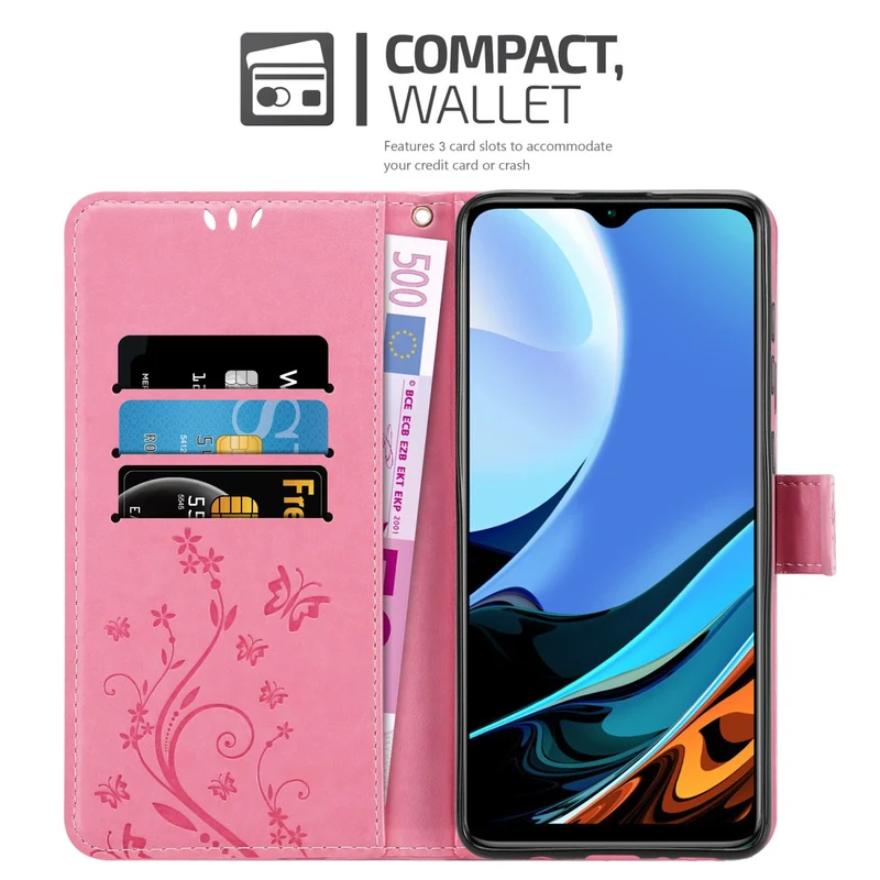 Cadorabo Hülle kompatibel mit Xiaomi RedMi 9T / POCO M3 Schutzhülle im Blumen Design mit Magnetverschluss, Standfunktion und Kartenfächern