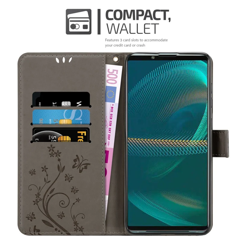 Cadorabo Hülle kompatibel mit Sony Xperia 5 III Schutzhülle im Blumen Design mit Magnetverschluss, Standfunktion und Kartenfächern