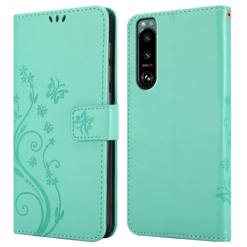 Cadorabo Hülle kompatibel mit Sony Xperia 5 III Schutzhülle im Blumen Design mit Magnetverschluss, Standfunktion und Kartenfächern