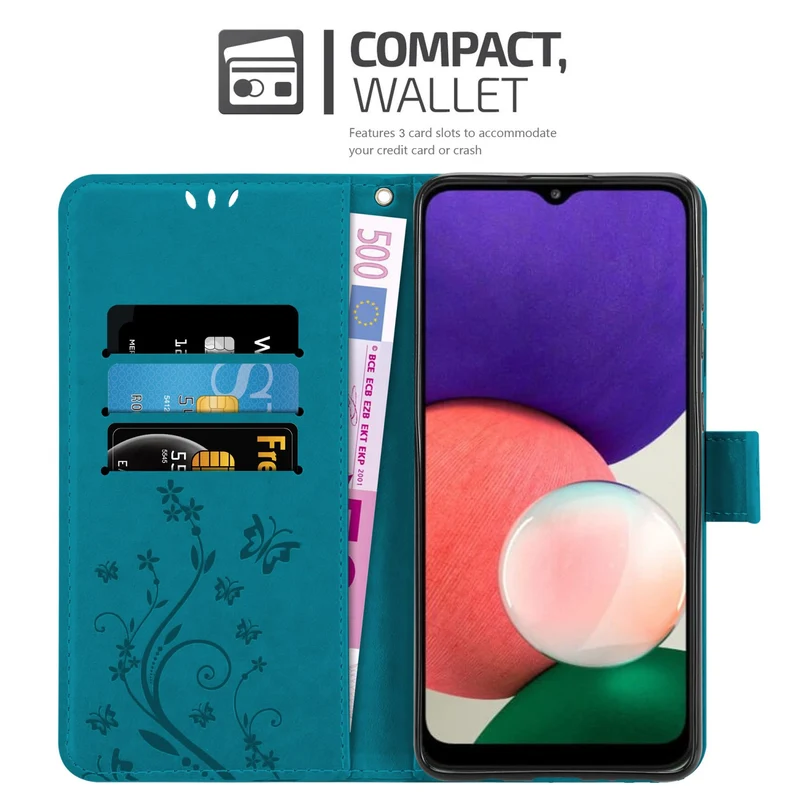 Cadorabo Hülle kompatibel mit Samsung Galaxy A22 5G Schutzhülle im Blumen Design mit Magnetverschluss, Standfunktion und Kartenfächern