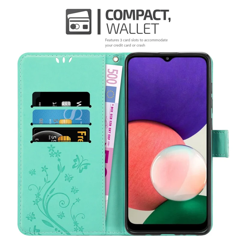Cadorabo Hülle kompatibel mit Samsung Galaxy A22 5G Schutzhülle im Blumen Design mit Magnetverschluss, Standfunktion und Kartenfächern