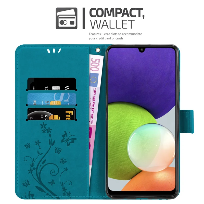 Cadorabo Hülle kompatibel mit Samsung Galaxy A22 4G / M22 / M32 4G Schutzhülle im Blumen Design mit Magnetverschluss, Standfunktion und Kartenfächern
