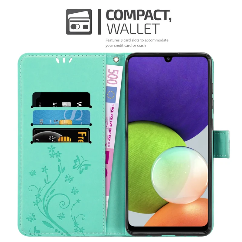 Cadorabo Hülle kompatibel mit Samsung Galaxy A22 4G / M22 / M32 4G Schutzhülle im Blumen Design mit Magnetverschluss, Standfunktion und Kartenfächern