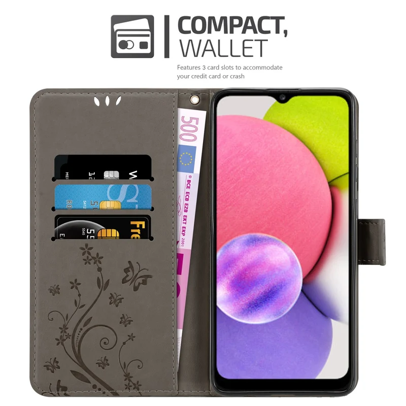 Cadorabo Hülle kompatibel mit Samsung Galaxy A03s Schutzhülle im Blumen Design mit Magnetverschluss, Standfunktion und Kartenfächern