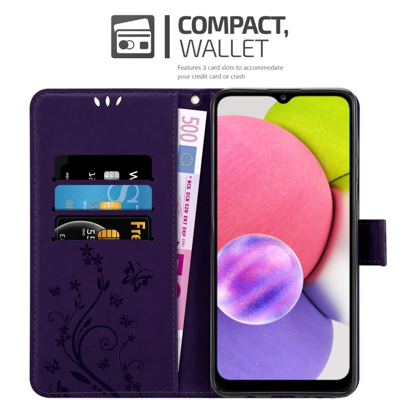Cadorabo Hülle kompatibel mit Samsung Galaxy A03s Schutzhülle im Blumen Design mit Magnetverschluss, Standfunktion und Kartenfächern