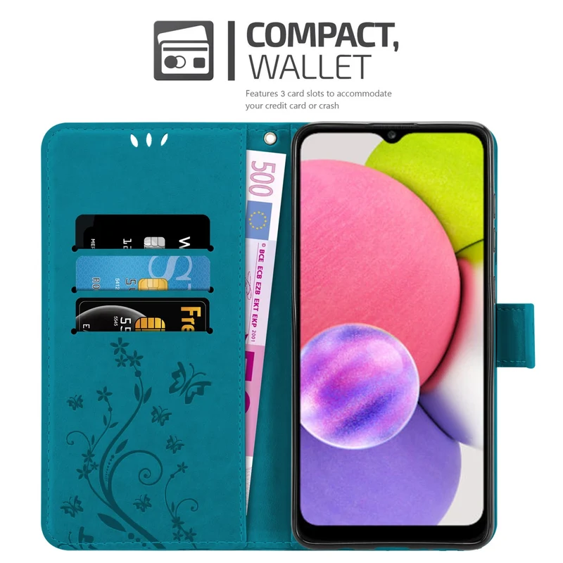 Cadorabo Hülle kompatibel mit Samsung Galaxy A03s Schutzhülle im Blumen Design mit Magnetverschluss, Standfunktion und Kartenfächern