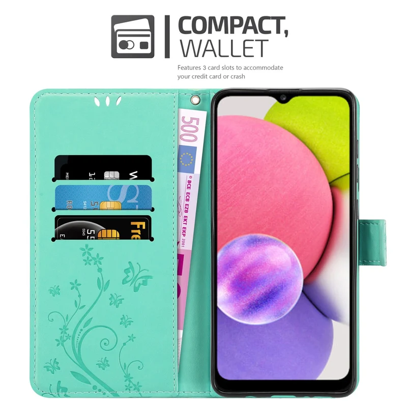 Cadorabo Hülle kompatibel mit Samsung Galaxy A03s Schutzhülle im Blumen Design mit Magnetverschluss, Standfunktion und Kartenfächern