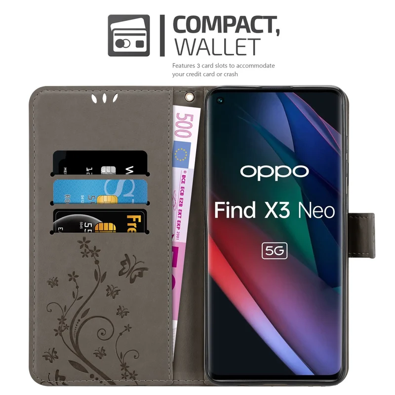 Cadorabo Hülle kompatibel mit Oppo FIND X3 NEO Schutzhülle im Blumen Design mit Magnetverschluss, Standfunktion und Kartenfächern