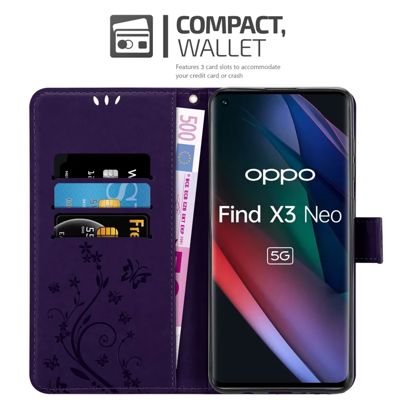 Cadorabo Hülle kompatibel mit Oppo FIND X3 NEO Schutzhülle im Blumen Design mit Magnetverschluss, Standfunktion und Kartenfächern