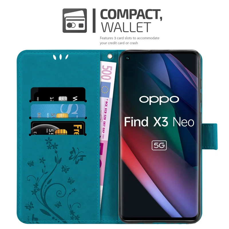 Cadorabo Hülle kompatibel mit Oppo FIND X3 NEO Schutzhülle im Blumen Design mit Magnetverschluss, Standfunktion und Kartenfächern