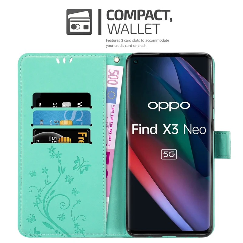 Cadorabo Hülle kompatibel mit Oppo FIND X3 NEO Schutzhülle im Blumen Design mit Magnetverschluss, Standfunktion und Kartenfächern