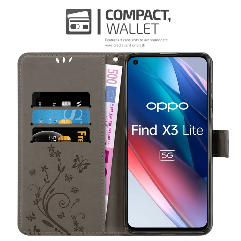 Cadorabo Hülle kompatibel mit Oppo FIND X3 LITE Schutzhülle im Blumen Design mit Magnetverschluss, Standfunktion und Kartenfächern