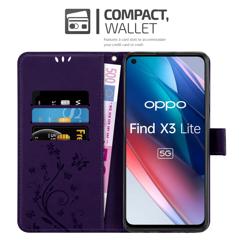 Cadorabo Hülle kompatibel mit Oppo FIND X3 LITE Schutzhülle im Blumen Design mit Magnetverschluss, Standfunktion und Kartenfächern