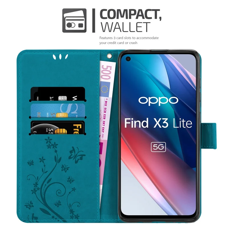 Cadorabo Hülle kompatibel mit Oppo FIND X3 LITE Schutzhülle im Blumen Design mit Magnetverschluss, Standfunktion und Kartenfächern