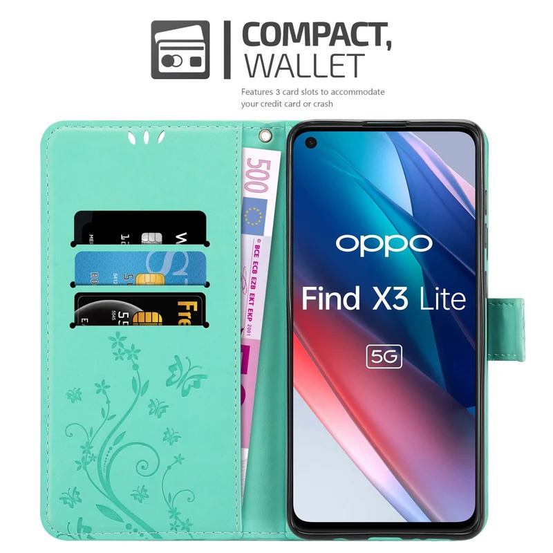 Cadorabo Hülle kompatibel mit Oppo FIND X3 LITE Schutzhülle im Blumen Design mit Magnetverschluss, Standfunktion und Kartenfächern