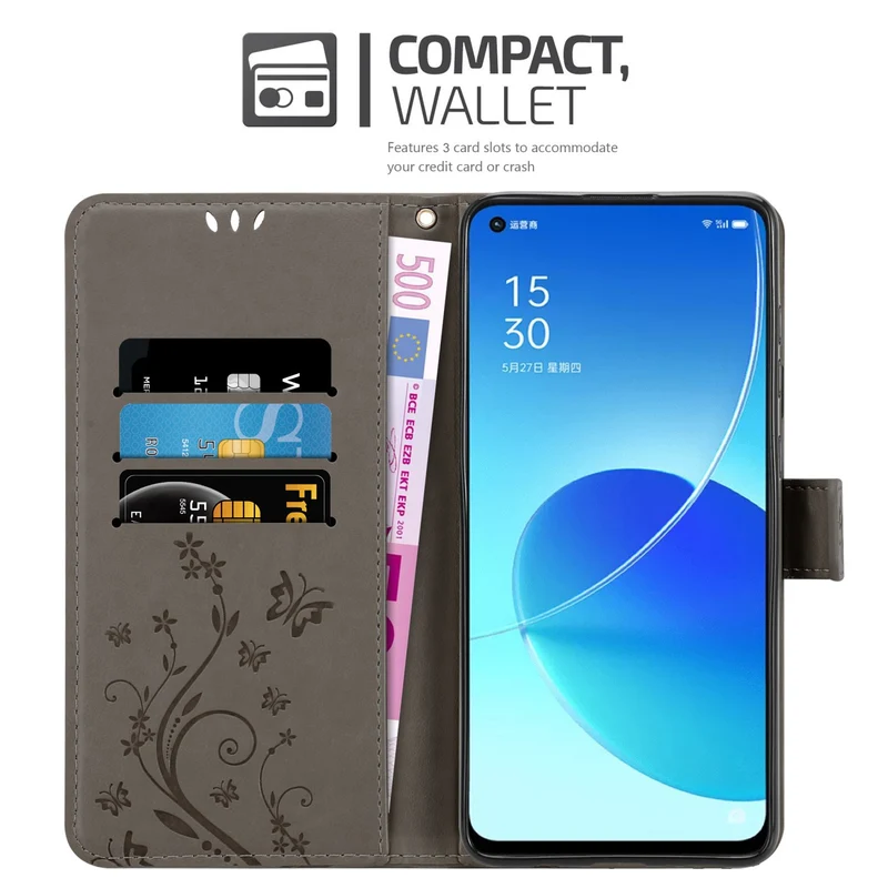 Cadorabo Hülle kompatibel mit Oppo Reno6 5G Schutzhülle im Blumen Design mit Magnetverschluss, Standfunktion und Kartenfächern