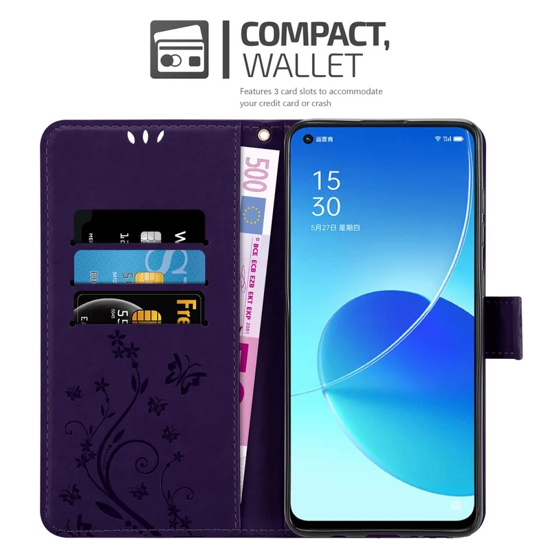 Cadorabo Hülle kompatibel mit Oppo Reno6 5G Schutzhülle im Blumen Design mit Magnetverschluss, Standfunktion und Kartenfächern