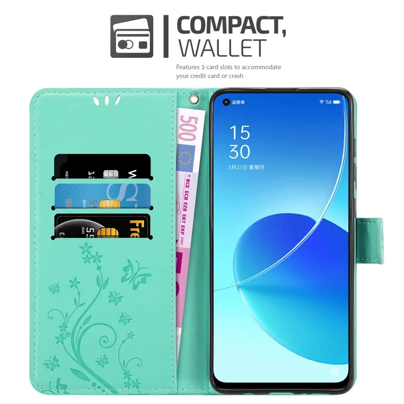 Cadorabo Hülle kompatibel mit Oppo Reno6 5G Schutzhülle im Blumen Design mit Magnetverschluss, Standfunktion und Kartenfächern