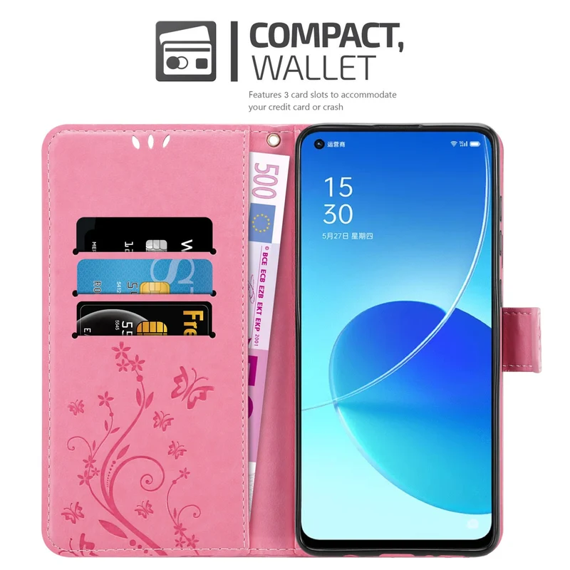 Cadorabo Hülle kompatibel mit Oppo Reno6 5G Schutzhülle im Blumen Design mit Magnetverschluss, Standfunktion und Kartenfächern