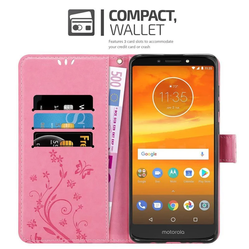 Cadorabo Hülle kompatibel mit Motorola MOTO E5 PLUS Schutzhülle im Blumen Design mit Magnetverschluss, Standfunktion und Kartenfächern