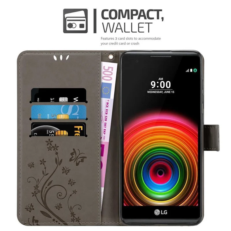 Cadorabo Hülle kompatibel mit LG X POWER Schutzhülle im Blumen Design mit Magnetverschluss, Standfunktion und Kartenfächern