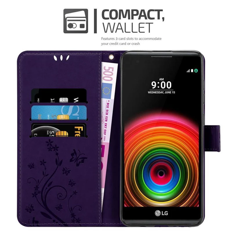 Cadorabo Hülle kompatibel mit LG X POWER Schutzhülle im Blumen Design mit Magnetverschluss, Standfunktion und Kartenfächern