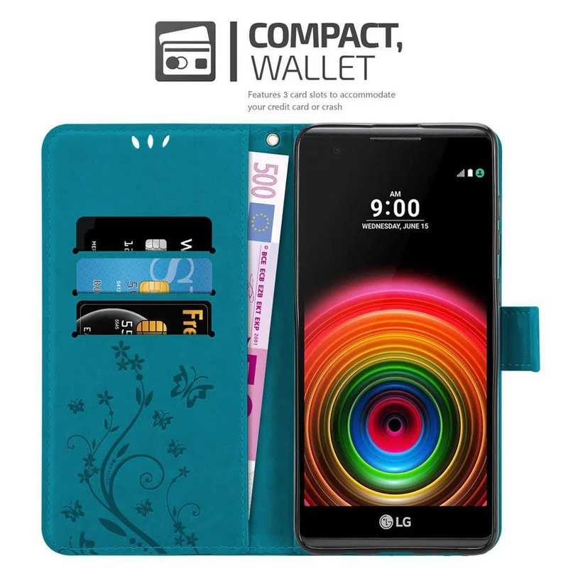 Cadorabo Hülle kompatibel mit LG X POWER Schutzhülle im Blumen Design mit Magnetverschluss, Standfunktion und Kartenfächern