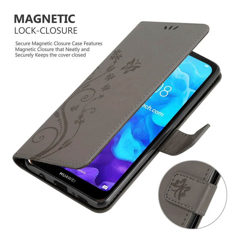Cadorabo Hülle kompatibel mit Huawei Y6 PRO 2019 Schutzhülle im Blumen Design mit Magnetverschluss, Standfunktion und Kartenfächern